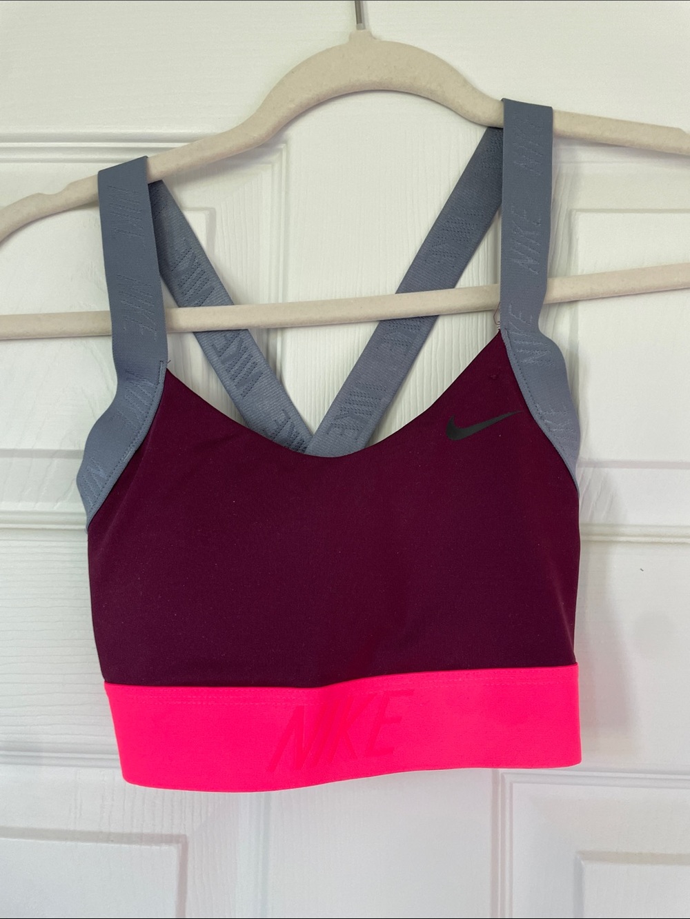 Nike Burgundy Sports Bra with Pink Band and Gray Straps XS